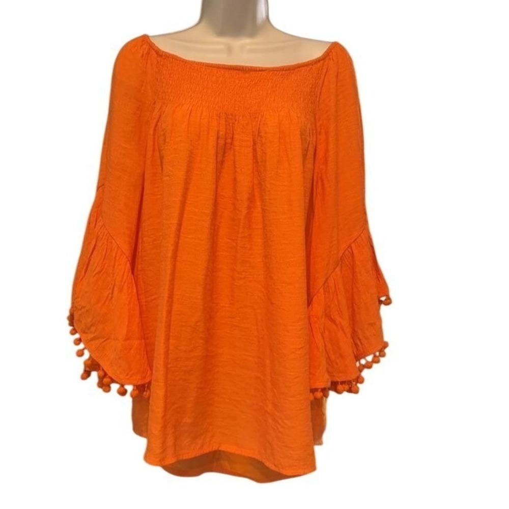 EST 1946 Womens Orange Smocked Off Shoulder Bell Sleeve Pom Pom Blouse Large